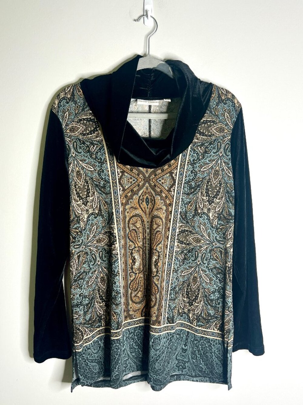 Susan Graver Velvet Cowl Collar Boho Liquid Knit Paisley Blouse Fall Transition